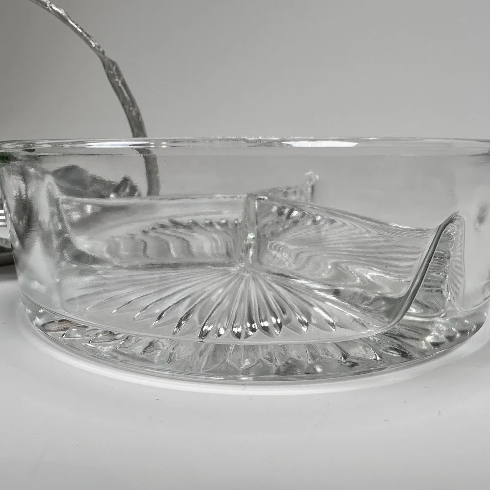 VTG Hand Wrought Hammered Aluminum Server Divided Glass Dish w/ Handle Floral 7